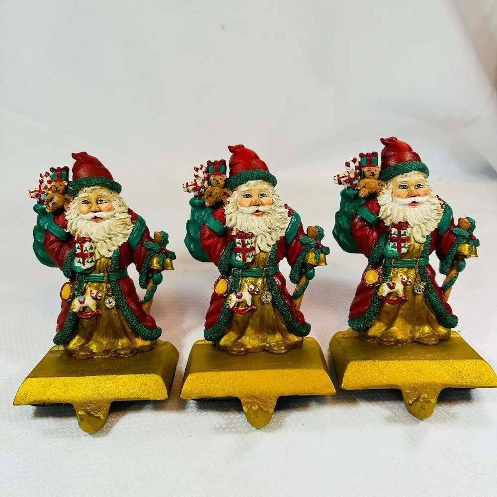 3 Cast Iron Base Hand Painted Santa Stocking Holder Vintage Christmas